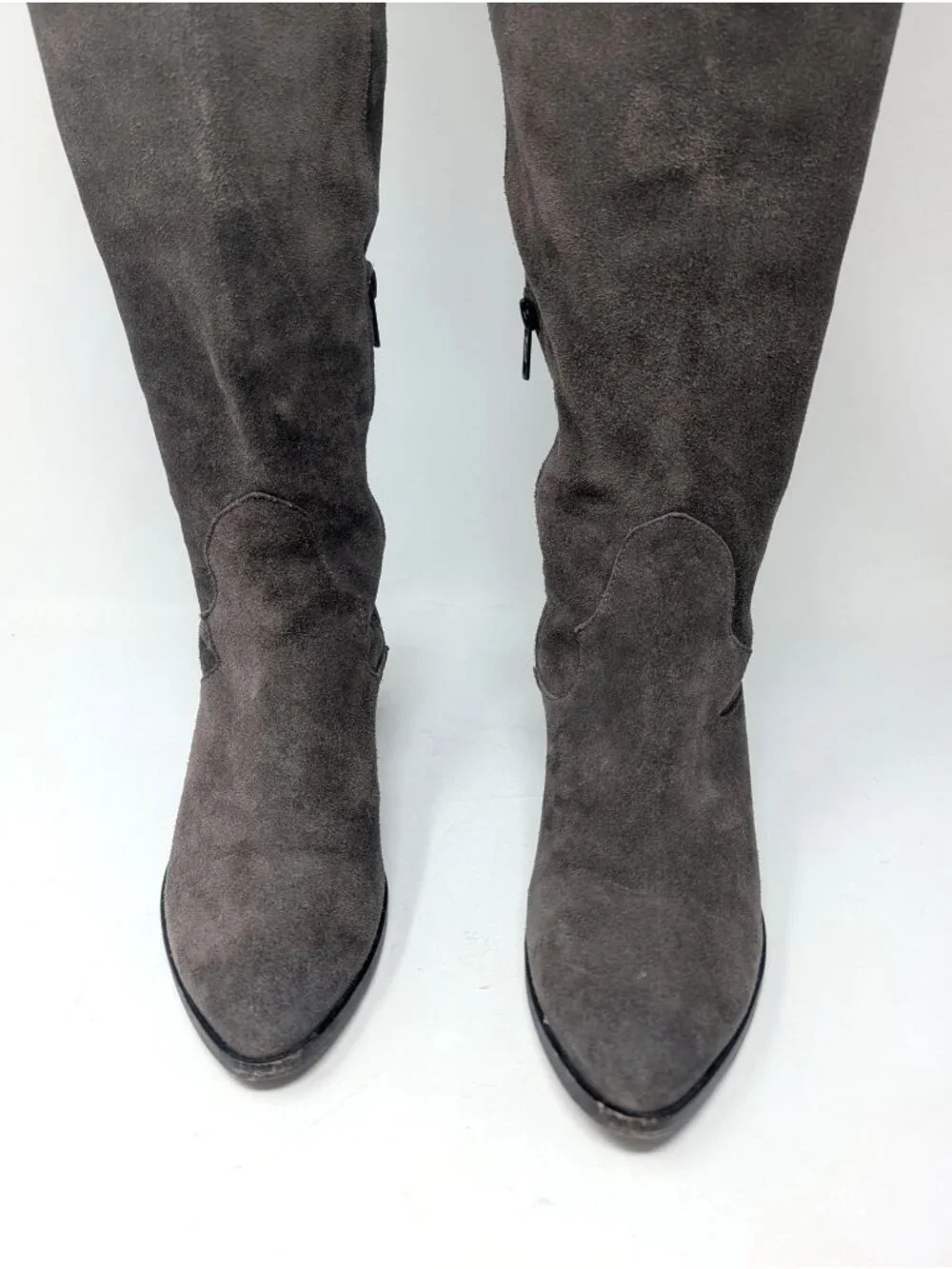 Frye Over Knee Suede Boots 8 Gray Leather Heel